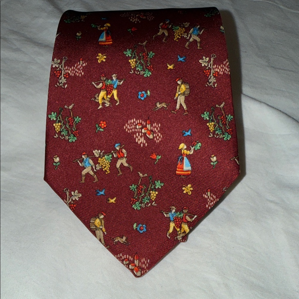 Salvatore Ferragamo Silk Dark Red & Multi Colored Prints Dutch Village Pristine